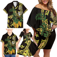Yellow New Zealand Kowhai And Piwakawaka Family Matching Off Shoulder Short Dress and Hawaiian Shirt Maori Ngaru Paua Shell LT14 - Polynesian Pride