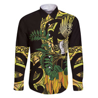 Yellow New Zealand Kowhai And Piwakawaka Family Matching Tank Maxi Dress and Hawaiian Shirt Maori Ngaru Paua Shell LT14 Dad's Shirt - Long Sleeve Yellow - Polynesian Pride