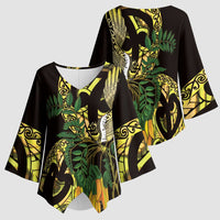 Yellow New Zealand Kowhai And Piwakawaka Kimono Sleeve Blouse Maori Ngaru Paua Shell LT14 - Polynesian Pride