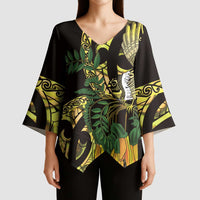Yellow New Zealand Kowhai And Piwakawaka Kimono Sleeve Blouse Maori Ngaru Paua Shell LT14 - Polynesian Pride