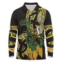 Yellow New Zealand Kowhai And Piwakawaka Long Sleeve Polo Shirt Maori Ngaru Paua Shell LT14 Yellow - Polynesian Pride