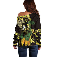 Yellow New Zealand Kowhai And Piwakawaka Off Shoulder Sweater Maori Ngaru Paua Shell LT14 - Polynesian Pride