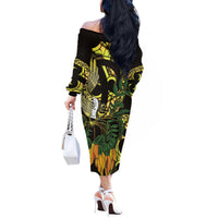 Yellow New Zealand Kowhai And Piwakawaka Off The Shoulder Long Sleeve Dress Maori Ngaru Paua Shell LT14 - Polynesian Pride
