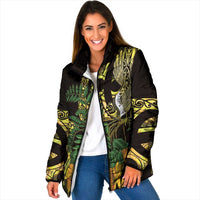 Yellow New Zealand Kowhai And Piwakawaka Padded Jacket Maori Ngaru Paua Shell LT14 Women Yellow - Polynesian Pride