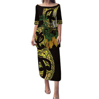 Yellow New Zealand Kowhai And Piwakawaka Puletasi Maori Ngaru Paua Shell LT14 Long Dress Yellow - Polynesian Pride