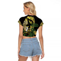 Yellow New Zealand Kowhai And Piwakawaka Raglan Cropped T Shirt Maori Ngaru Paua Shell LT14 - Polynesian Pride
