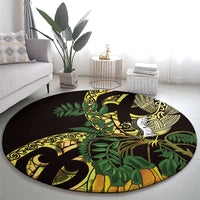 Yellow New Zealand Kowhai And Piwakawaka Round Carpet Maori Ngaru Paua Shell LT14 - Polynesian Pride