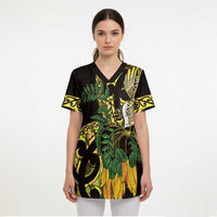Yellow New Zealand Kowhai And Piwakawaka Scrub Top Maori Ngaru Paua Shell LT14 - Polynesian Pride