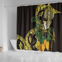 Yellow New Zealand Kowhai And Piwakawaka Shower Curtain Maori Ngaru Paua Shell LT14 - Polynesian Pride