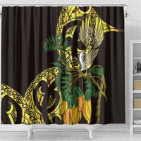 Yellow New Zealand Kowhai And Piwakawaka Shower Curtain Maori Ngaru Paua Shell LT14 - Polynesian Pride