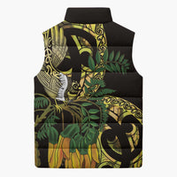 Yellow New Zealand Kowhai And Piwakawaka Sleeveless Puffer Jacket Maori Ngaru Paua Shell LT14 - Polynesian Pride
