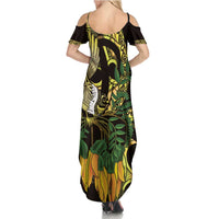 Yellow New Zealand Kowhai And Piwakawaka Summer Maxi Dress Maori Ngaru Paua Shell LT14 - Polynesian Pride