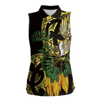 Yellow New Zealand Kowhai And Piwakawaka Women Sleeveless Polo Shirt Maori Ngaru Paua Shell LT14 Female Yellow - Polynesian Pride
