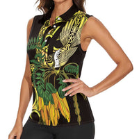 Yellow New Zealand Kowhai And Piwakawaka Women Sleeveless Polo Shirt Maori Ngaru Paua Shell LT14 - Polynesian Pride