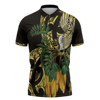Yellow New Zealand Kowhai And Piwakawaka Zipper Polo Shirt Maori Ngaru Paua Shell LT14 Yellow - Polynesian Pride