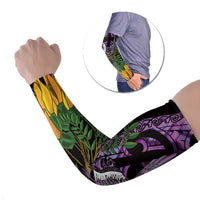 Purple New Zealand Kowhai And Piwakawaka Arm Sleeves Maori Ngaru Paua Shell LT14 Set of 2 Purple - Polynesian Pride