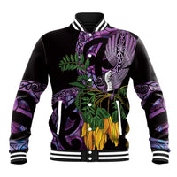 Purple New Zealand Kowhai And Piwakawaka Baseball Jacket Maori Ngaru Paua Shell LT14 Unisex Purple - Polynesian Pride
