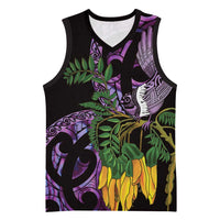 Purple New Zealand Kowhai And Piwakawaka Basketball Jersey Maori Ngaru Paua Shell LT14 Unisex Purple - Polynesian Pride