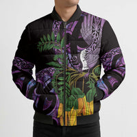Purple New Zealand Kowhai And Piwakawaka Bomber Puffer Jacket Maori Ngaru Paua Shell LT14 - Polynesian Pride