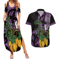 Purple New Zealand Kowhai And Piwakawaka Couples Matching Summer Maxi Dress and Hawaiian Shirt Maori Ngaru Paua Shell LT14 Purple - Polynesian Pride