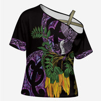 Purple New Zealand Kowhai And Piwakawaka Cross Shoulder Shirt Maori Ngaru Paua Shell LT14 Female Purple - Polynesian Pride