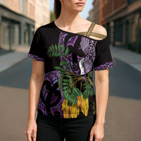 Purple New Zealand Kowhai And Piwakawaka Cross Shoulder Shirt Maori Ngaru Paua Shell LT14 - Polynesian Pride