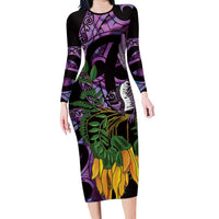 Purple New Zealand Kowhai And Piwakawaka Family Matching Long Sleeve Bodycon Dress and Hawaiian Shirt Maori Ngaru Paua Shell LT14 Mom's Dress Purple - Polynesian Pride