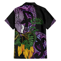 Purple New Zealand Kowhai And Piwakawaka Family Matching Off The Shoulder Long Sleeve Dress and Hawaiian Shirt Maori Ngaru Paua Shell LT14 - Polynesian Pride