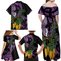 Purple New Zealand Kowhai And Piwakawaka Family Matching Off Shoulder Maxi Dress and Hawaiian Shirt Maori Ngaru Paua Shell LT14 - Polynesian Pride