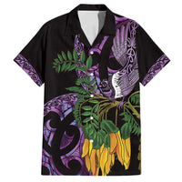 Purple New Zealand Kowhai And Piwakawaka Family Matching Summer Maxi Dress and Hawaiian Shirt Maori Ngaru Paua Shell LT14 Dad's Shirt - Short Sleeve Purple - Polynesian Pride