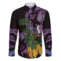 Purple New Zealand Kowhai And Piwakawaka Family Matching Summer Maxi Dress and Hawaiian Shirt Maori Ngaru Paua Shell LT14 Dad's Shirt - Long Sleeve Purple - Polynesian Pride