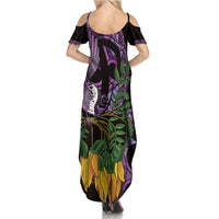 Purple New Zealand Kowhai And Piwakawaka Family Matching Summer Maxi Dress and Hawaiian Shirt Maori Ngaru Paua Shell LT14 - Polynesian Pride