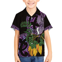 Purple New Zealand Kowhai And Piwakawaka Family Matching Tank Maxi Dress and Hawaiian Shirt Maori Ngaru Paua Shell LT14 Son's Shirt Purple - Polynesian Pride