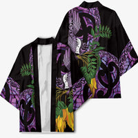 Purple New Zealand Kowhai And Piwakawaka Kimono Maori Ngaru Paua Shell LT14 - Polynesian Pride