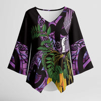 Purple New Zealand Kowhai And Piwakawaka Kimono Sleeve Blouse Maori Ngaru Paua Shell LT14 Female Purple - Polynesian Pride