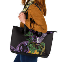 Purple New Zealand Kowhai And Piwakawaka Leather Tote Bag Maori Ngaru Paua Shell LT14 Purple - Polynesian Pride