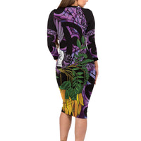Purple New Zealand Kowhai And Piwakawaka Long Sleeve Bodycon Dress Maori Ngaru Paua Shell LT14 - Polynesian Pride