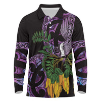 Purple New Zealand Kowhai And Piwakawaka Long Sleeve Polo Shirt Maori Ngaru Paua Shell LT14 Purple - Polynesian Pride