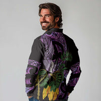 Purple New Zealand Kowhai And Piwakawaka Long Sleeve Polo Shirt Maori Ngaru Paua Shell LT14 - Polynesian Pride