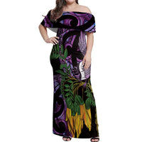 Purple New Zealand Kowhai And Piwakawaka Off Shoulder Maxi Dress Maori Ngaru Paua Shell LT14 Women Purple - Polynesian Pride
