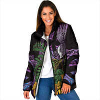 Purple New Zealand Kowhai And Piwakawaka Padded Jacket Maori Ngaru Paua Shell LT14 Women Purple - Polynesian Pride