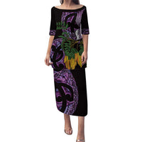Purple New Zealand Kowhai And Piwakawaka Puletasi Maori Ngaru Paua Shell LT14 Long Dress Purple - Polynesian Pride