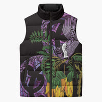 Purple New Zealand Kowhai And Piwakawaka Sleeveless Puffer Jacket Maori Ngaru Paua Shell LT14 Unisex Purple - Polynesian Pride