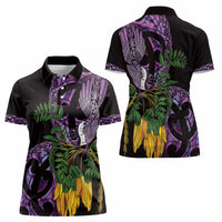 Purple New Zealand Kowhai And Piwakawaka Women Polo Shirt Maori Ngaru Paua Shell LT14 - Polynesian Pride