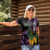 Purple New Zealand Kowhai And Piwakawaka Women Polo Shirt Maori Ngaru Paua Shell LT14 - Polynesian Pride