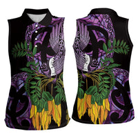 Purple New Zealand Kowhai And Piwakawaka Women Sleeveless Polo Shirt Maori Ngaru Paua Shell LT14 - Polynesian Pride