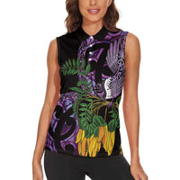 Purple New Zealand Kowhai And Piwakawaka Women Sleeveless Polo Shirt Maori Ngaru Paua Shell LT14 - Polynesian Pride