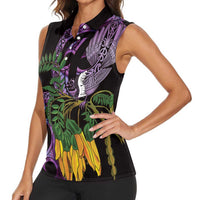 Purple New Zealand Kowhai And Piwakawaka Women Sleeveless Polo Shirt Maori Ngaru Paua Shell LT14 - Polynesian Pride