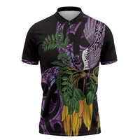 Purple New Zealand Kowhai And Piwakawaka Zipper Polo Shirt Maori Ngaru Paua Shell LT14 Purple - Polynesian Pride