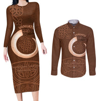 Vanuatu Indipendens Dei Couples Matching Long Sleeve Bodycon Dress and Long Sleeve Button Shirt Yumi Sand Drawing Turtle Mix Lapita LT14 Brown - Polynesian Pride